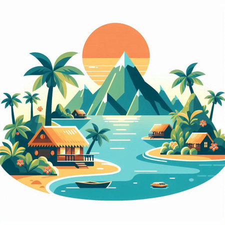 Tropical island with palm trees and bungalows. Vector illustrationのイラスト素材