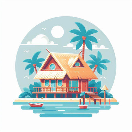 Tropical bungalows on the beach. Vector illustration.のイラスト素材