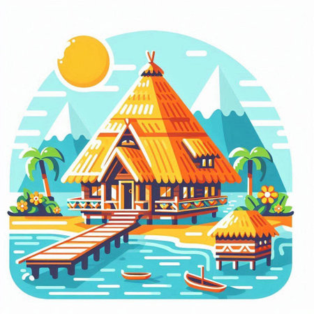 Vector illustration of bungalows on a tropical island in the sea.のイラスト素材