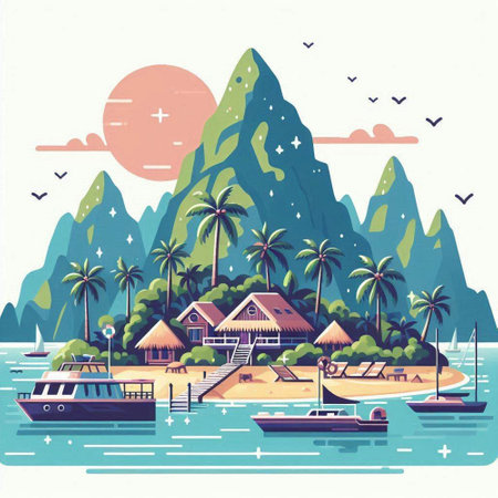 Beautiful tropical island with palm trees and boats. Vector illustration.のイラスト素材