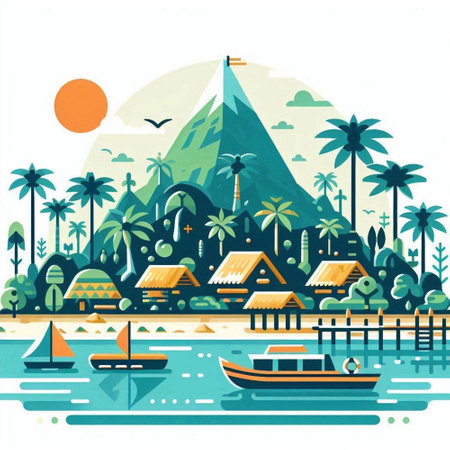Illustration of a tropical island with palm trees, boats and mountainsのイラスト素材
