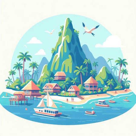 Tropical island with palm trees and bungalows. Vector illustration.のイラスト素材