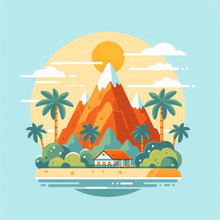 Landscape of mountains and palm trees. Vector illustration in flat styleのイラスト素材
