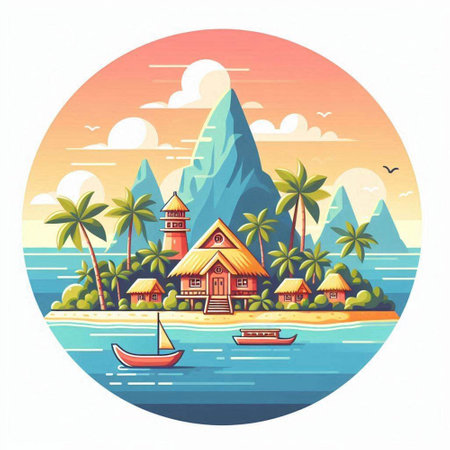 Tropical island with bungalows and palm trees. Vector illustration.のイラスト素材