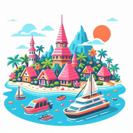 Tropical island with colorful houses and boats. Vector illustration.のイラスト素材