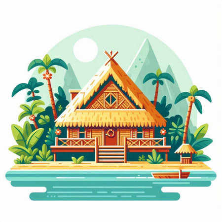 Wooden bungalow on the seashore. Vector illustrationのイラスト素材