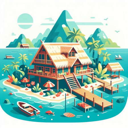 Tropical island with bungalows. Vector illustration in flat styleのイラスト素材