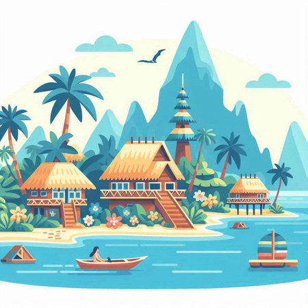 Bungalows on the beach. Vector illustration in a flat styleのイラスト素材