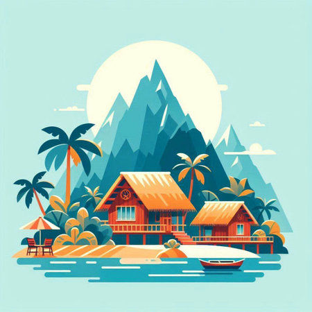 Vector illustration of a bungalows on a tropical island in the sea.のイラスト素材