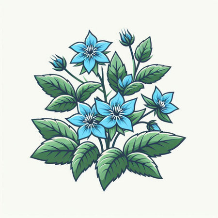 Blue flowers with green leaves on a white background. Vector illustration.のイラスト素材