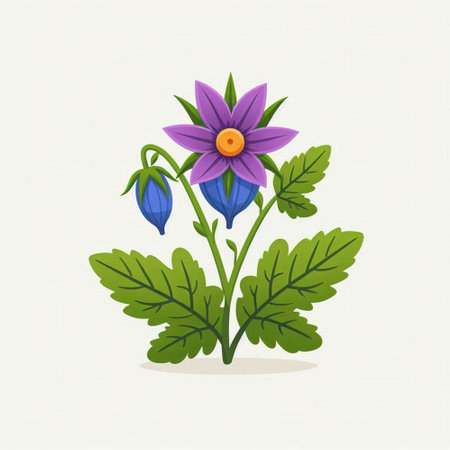 Illustration of a blue flower with green leaves on a white backgroundのイラスト素材