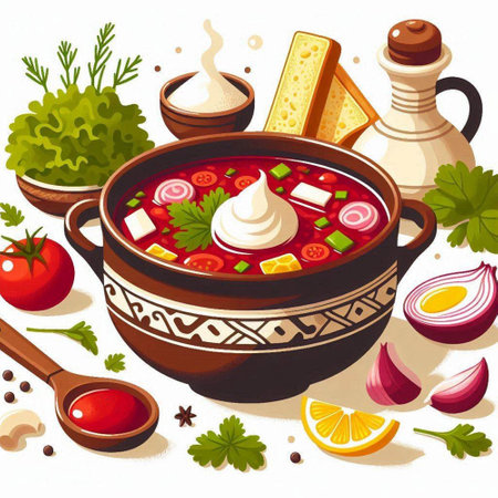 Illustration of a bowl of borscht with ingredients for cookingのイラスト素材