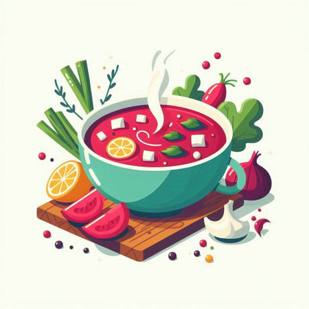 Vegetable soup in bowl with ingredients for cooking. Vector illustration.のイラスト素材