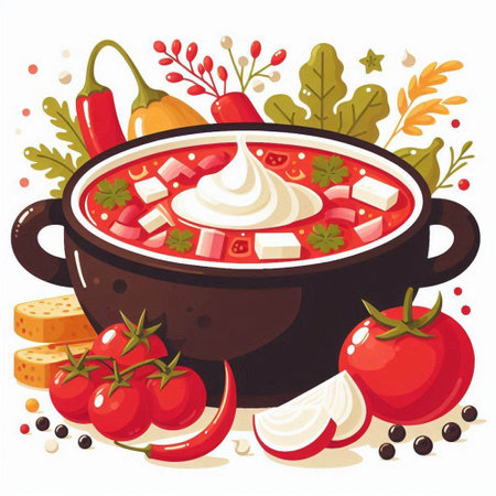 Tomato soup with sour cream and vegetables. Vector illustration in cartoon style.のイラスト素材