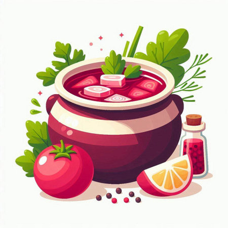 Bowl of red borscht with vegetables and spices. Vector illustration.のイラスト素材