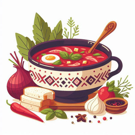 Borscht soup. Traditional Ukrainian dish. Vector illustration in cartoon style.のイラスト素材