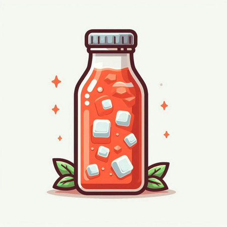 Bottle of strawberry smoothie with ice cubes. Vector illustration.のイラスト素材