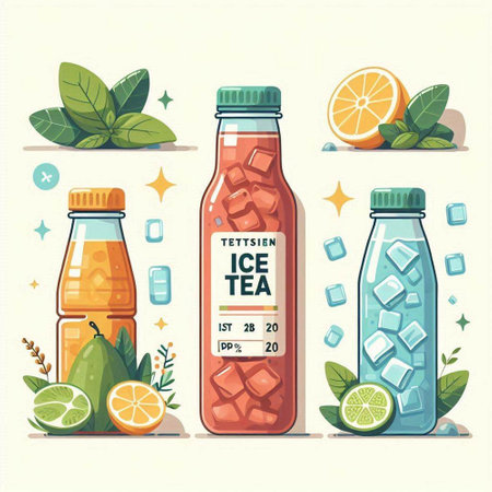 Set of lemonade in bottles with ice and mint. Vector illustration.のイラスト素材