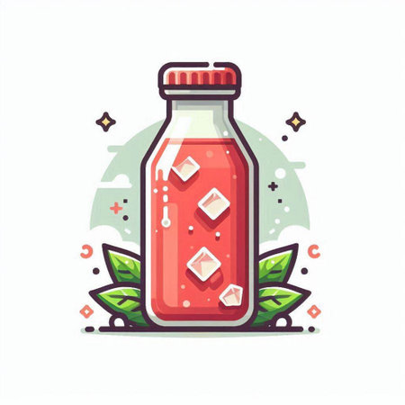 Vector illustration of a glass bottle of strawberry smoothie with ice cubes and green leaves.のイラスト素材