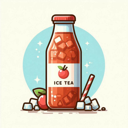 Bottle of tasty smoothie with ice cubes and fruits. Vector illustration.のイラスト素材