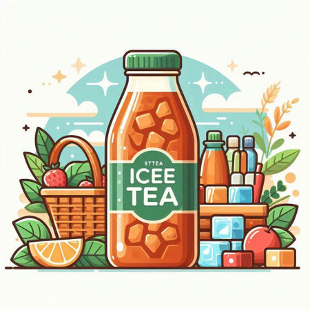 Vector illustration of a bottle of ice tea with a basket of ice cubes.のイラスト素材