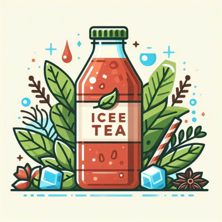 Vector illustration of a bottle of ketchup with leaves and ice cubes.のイラスト素材