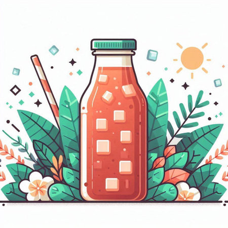 Bottle of smoothie with leaves and flowers. Vector illustration.のイラスト素材