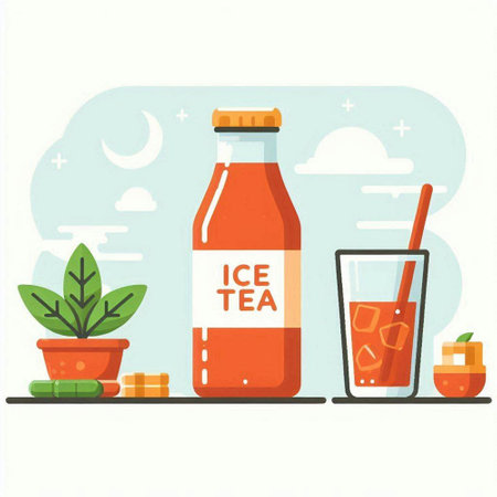 Bottle of juice and glass with ice cubes. Vector illustration.のイラスト素材