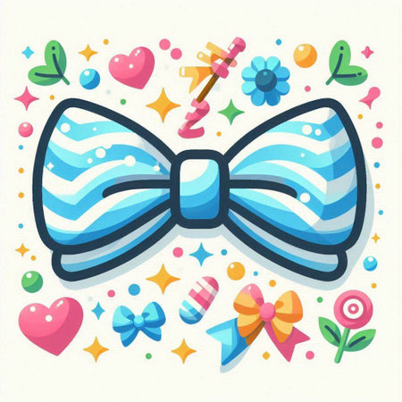 Vector illustration of a bow tie with ribbons, hearts, flowers and confetti.のイラスト素材
