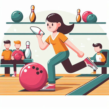 Young woman playing bowling with her friends. Vector illustration in cartoon style.のイラスト素材