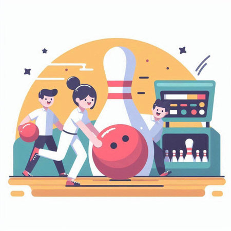 Bowling game. People playing bowling. Vector illustration in flat styleのイラスト素材
