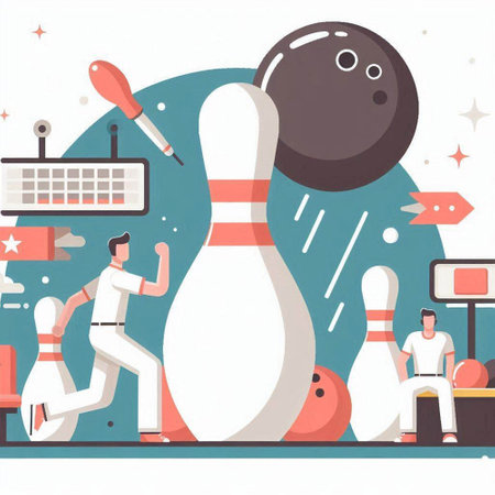 Bowling game vector illustration. Flat style design with bowling pins and bowling balls.のイラスト素材