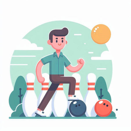 Young man playing bowling in the park. Vector illustration in cartoon styleのイラスト素材