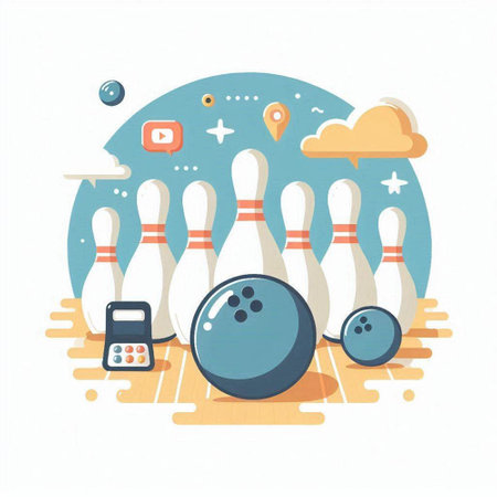 Vector illustration of bowling alley with pins and bowling ball. Flat style.のイラスト素材