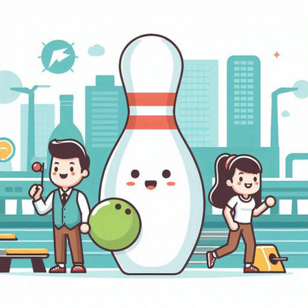 Man and woman are playing bowling in the city. Vector illustration.のイラスト素材
