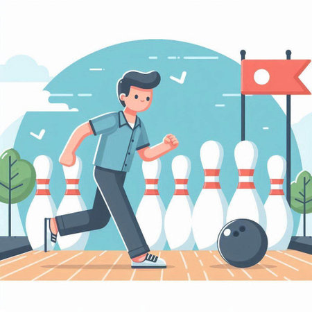 Man playing bowling in the park. Vector illustration in cartoon style.のイラスト素材