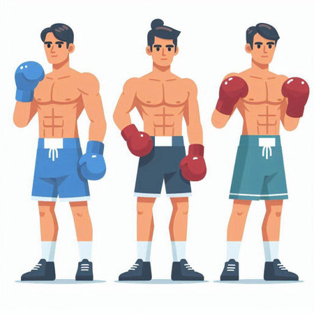 Boxing vector illustration set. Handsome man in boxing gloves and shorts.のイラスト素材