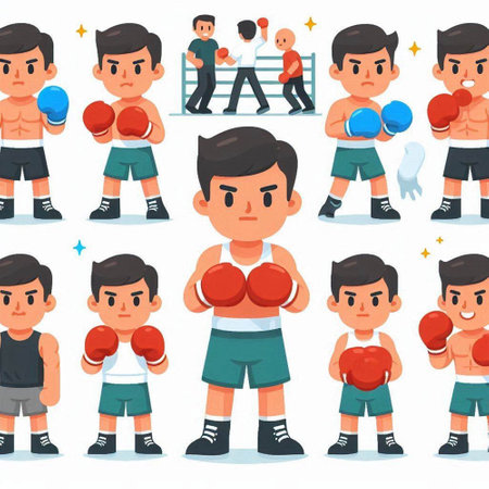 Boxing boy cartoon character set. Flat vector illustration of boxer boy character for web designのイラスト素材