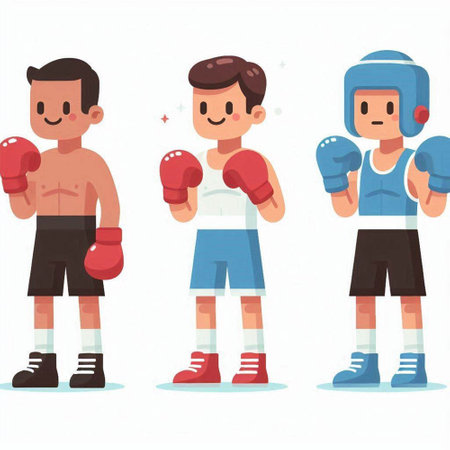 Cartoon boxer characters set. Vector illustration in flat design style.のイラスト素材