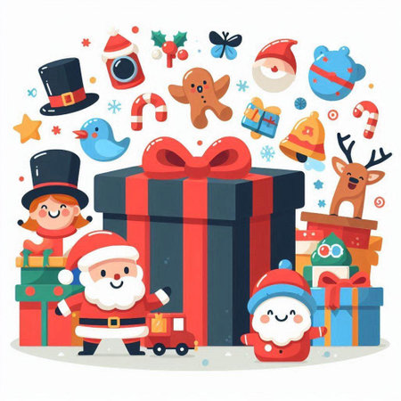 Merry Christmas and Happy New Year. Santa Claus, reindeer, snowman, penguin, gift box, snowman. Vector illustrationのイラスト素材