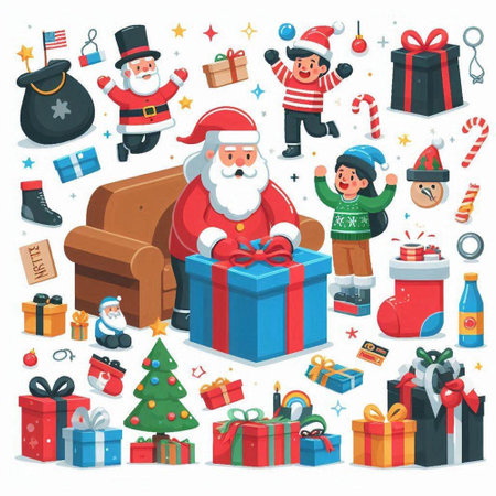 Christmas and New Year set with Santa Claus, elf, gifts, snowman, Christmas tree, fireplace, fireplace. Vector illustrationのイラスト素材