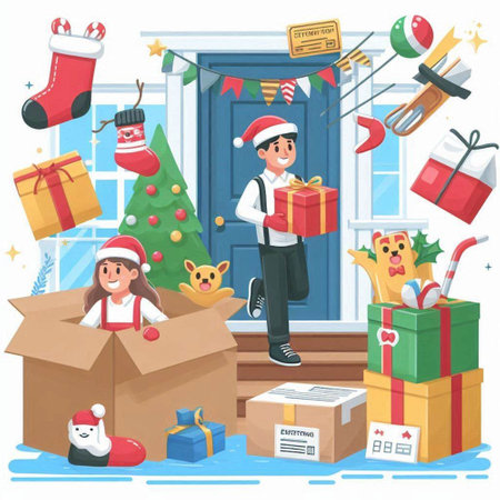 Merry Christmas and Happy New Year. People in Santa Claus hats with gifts and boxes. Cartoon vector illustrationのイラスト素材