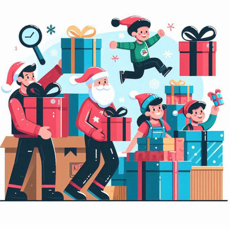 Santa Claus and children with gifts. Merry Christmas and Happy New Year. Cartoon vector illustrationのイラスト素材