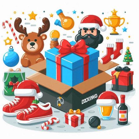 Santa Claus with gift box. Christmas and New Year holiday concept.のイラスト素材