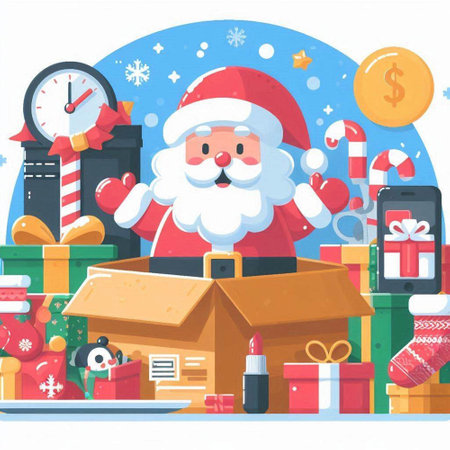 Santa Claus coming out of the box with gifts. Vector illustration.のイラスト素材