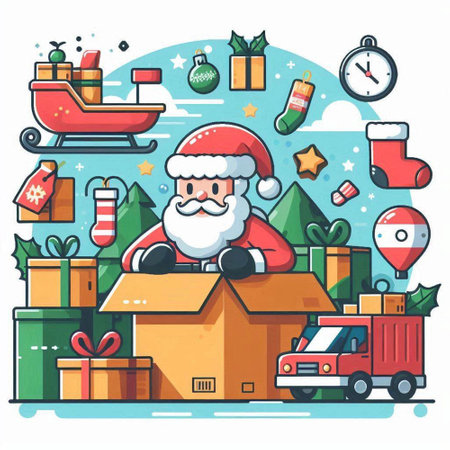 Santa Claus coming out of the box with gifts. Vector illustration.のイラスト素材