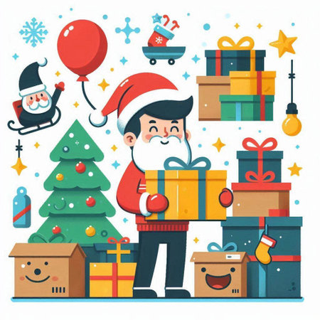 Merry Christmas and Happy New Year. Santa Claus with gifts. Vector illustrationのイラスト素材