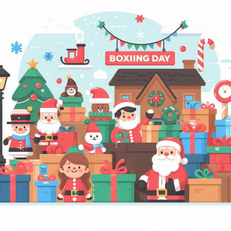 Merry Christmas and Happy New Year greeting card with Santa Claus, elf, snowman, elf, elf. Vector illustrationのイラスト素材