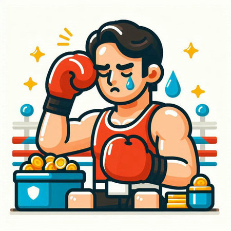 Man with boxing gloves and red apple. Vector illustration in cartoon style.のイラスト素材