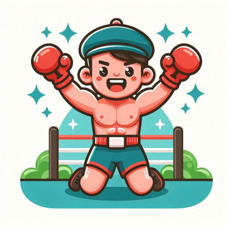 Cartoon boxer boy with boxing gloves and cap. Vector illustration.のイラスト素材